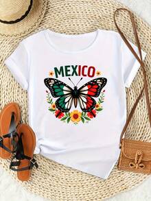 Camiseta de Mujer - Camiseta con Estampado de Mariposa Mexicana y Letras - Diseño floral brillante, manga corta, cuello redondo, estilo casual, cómoda para todas las estaciones, lavable a máquina, corte ajustado, diseño para vacaciones de verano, tela cómoda. - Blanco - Ver 3