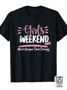 Camiseta de Talla Grande Estilo Curve para Mujer, Divertida para Fines de Semana con Amigas - con el eslogan "Los Fines de Semana de las Chicas Son Mucho Más Baratos..." en negro con letras rosas, 100% holgada, de manga corta y cuello redondo, adecuada para viajes a la playa, escapadas con amigas y uso casual (lavable a máquina), estampado geométrico de estilo vintage, suave y cómoda para uso diario en primavera, verano y otoño, se puede lavar a mano o a máquina a menos de 45ºC, ropa de viaje, estampado a la moda, tela transpirable, camiseta estampada, corte elástico y relajado para amantes de la moda. - Negro - Ver 2
