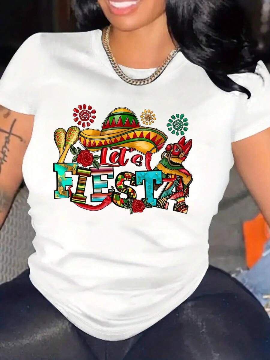 Women's T-Shirt - Mexican Carnival T-Shirt - Casual Short-Sleeved Crew Neck T-Shirt With Mexican Hat And Maraca Print, Suitable For Cinco De Mayo Party Outfits, Breathable And Suitable For Cinco De Mayo, Themed Events And Everyday Wear, Standard Fit, Machine Washable. - 白色 - 查看 1