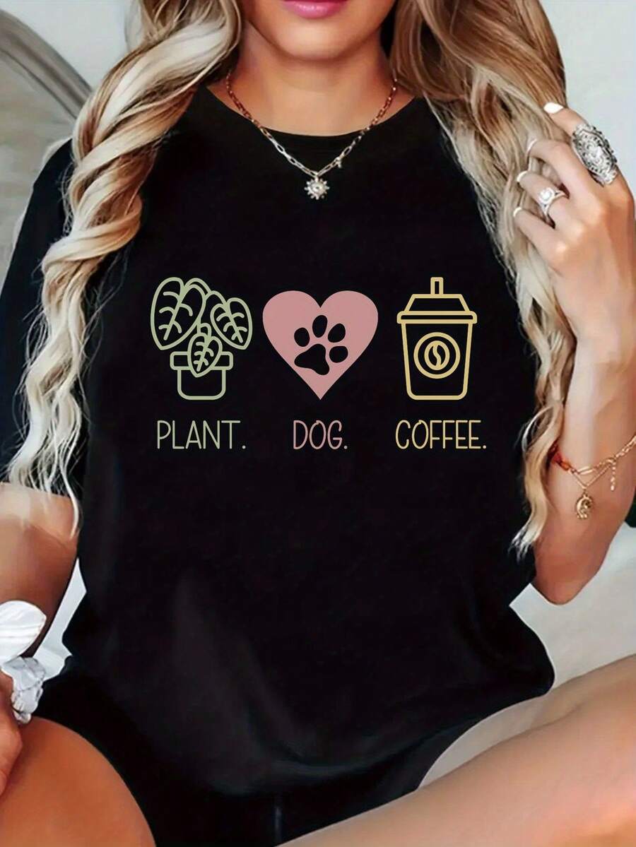 Camiseta Gráfica para Amantes del Café para Mujer - Camiseta casual de manga corta con cuello redondo, con diseños de plantas, perros y café, en color negro, perfecta para primavera y verano, ideal para vestimenta de cafetería. | Camiseta con Estampado Divertido | Camiseta de tela suave, talla grande, camiseta para uso diario. | Camisa con Estampado Divertido | Ajuste cómodo, accesorios para barra de caféuna camiseta estampada muy distintiva / estilo unisex / adecuada tanto para hombres como para mujeres / resistente a las arrugas / transpirable - Negro - Ver 1