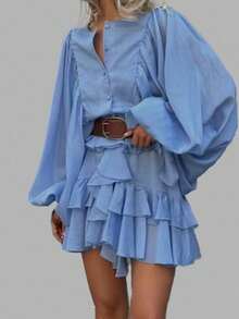 Vestido corto francés primavera 2026, cintura alta, mangas abullonadas y volantes - Azul - Ver 5