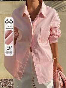 Blusa de mezclilla de manga larga y cuello vuelto holgada para mujer, chaqueta de mezclilla, ropa de mujer para otoño - Rosa - Ver 9