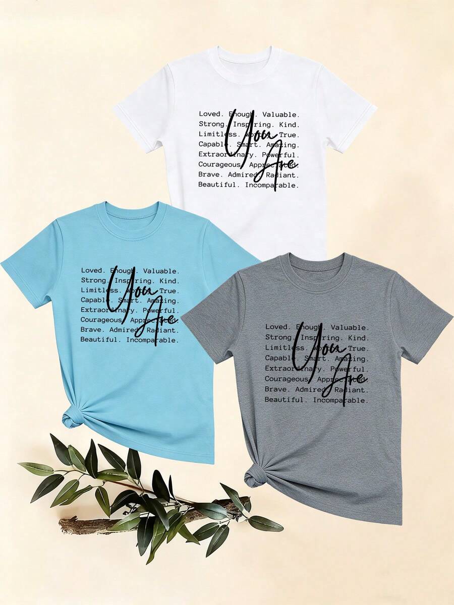 Women's T-Shirts, Women's T-Shirts, Casual One-Piece T-Shirt For Women With Inspirational Text Print, Comfortable, Modern And Versatile Round Neck Short Sleeve Top. - 1件白色隨機圖案 - 查看 1