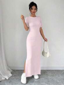 Vestido largo de mujer de manga corta con cuello en V y bajo dividido, de unicolor, vestido maxi elegante de color burdeos, vestido largo ajustado, vestido largo rojo, vestido maxi de manga corta para mujer, vestidos de mujer, vestido largo ajust - Rosa Pálido - Ver 7