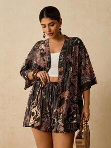2 piezas Conjunto de talla grande Chaqueta de manga corta con estampado de leopardo, casual y de moda para uso diario - Marrón 2 - Ver 10