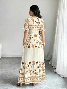 Vestido de línea A de manga larga con cuello redondo con estampado digital floral y geométrico para mujer, primavera - Multicolor - Ver 2