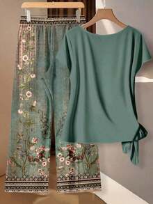 Conjunto de 2 piezas de camisa elegante casual con lazo y pantalones rectos sueltos de estampado floral retro para mujer - Multicolor 8 - Ver 2
