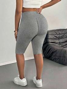 Leggings básicos de color liso para mujer de talla grande, apropiados para shorts de verano hasta la mitad del muslo, adecuados para personas de estatura talla grande baja, leggings de cintura alta, para uso diario, ocio, deportes, vera - Gris Claro - Ver 2