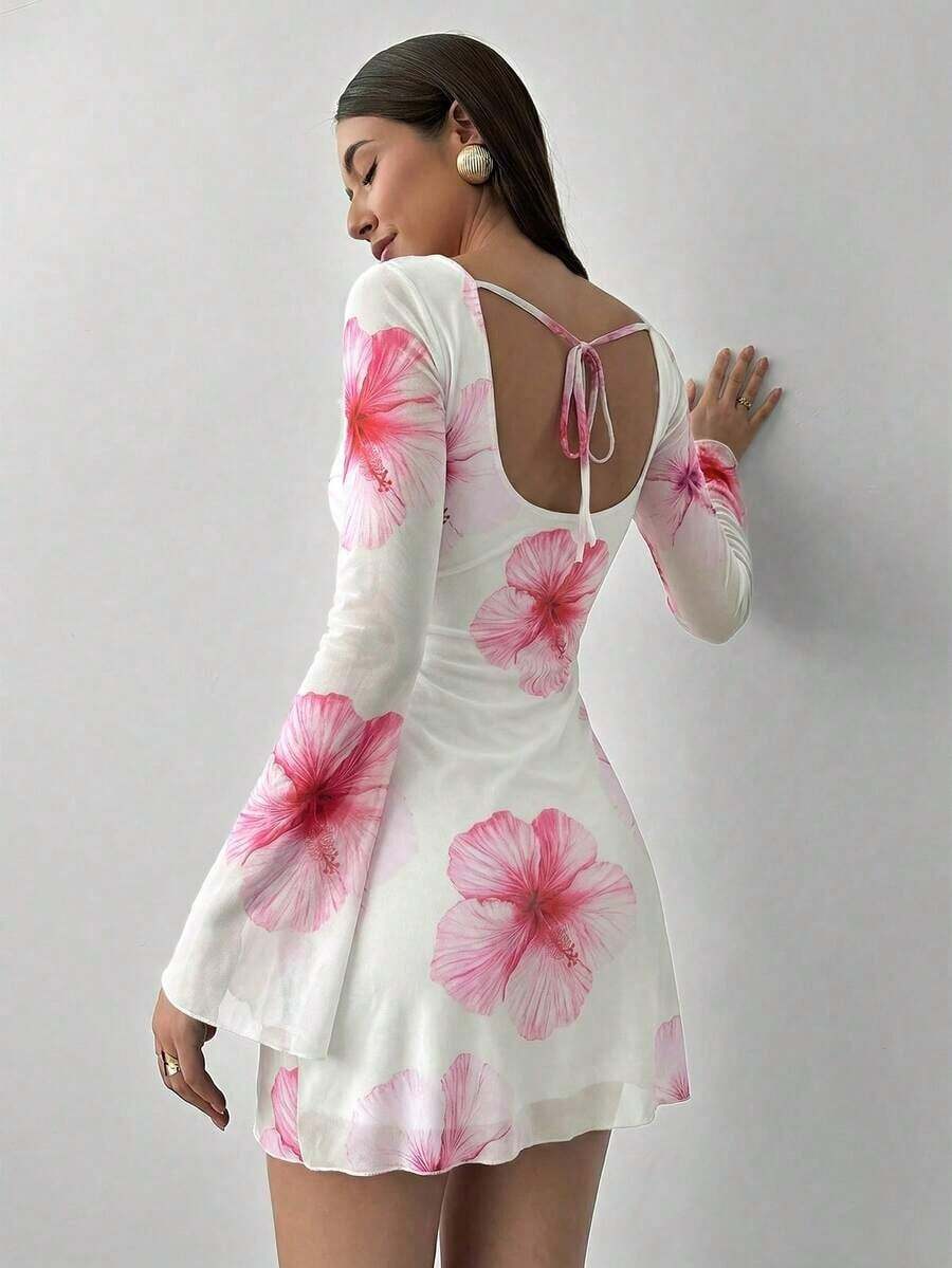 corto ajustado con mangas largas, estampado de tie-dye y parte posterior abierta y atada, de estilo sexy y a la moda para mujer - Rosa Pálido - Ver 1