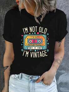 1 Piece, Classic And Versatile Pure Cotton Short-Sleeved T-Shirt, Ideal For Wearing In Any Season, With Retro Box-Shaped Print For Women, Modern Style - 黑色 - 查看 1