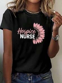 One Piece, Classic And Versatile, Pure Cotton Short-Sleeved T-Shirt With Pink Sunflower Print, Ideal For Wearing In Any Season, Designed For Female Palliative Care Nurses, Modern Style - 黑色 - 查看 1