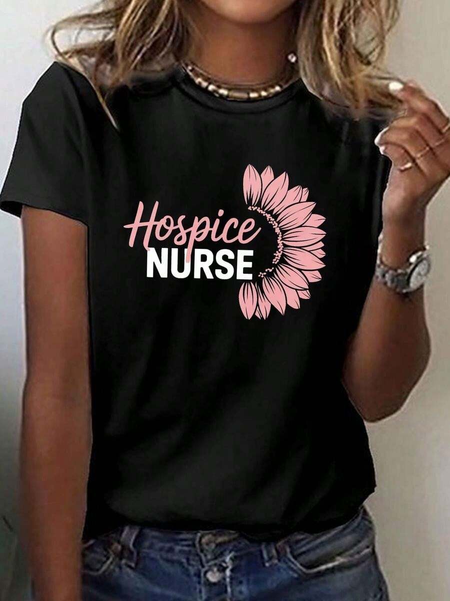 One Piece, Classic And Versatile, Pure Cotton Short-Sleeved T-Shirt With Pink Sunflower Print, Ideal For Wearing In Any Season, Designed For Female Palliative Care Nurses, Modern Style - 黑色 - 查看 1