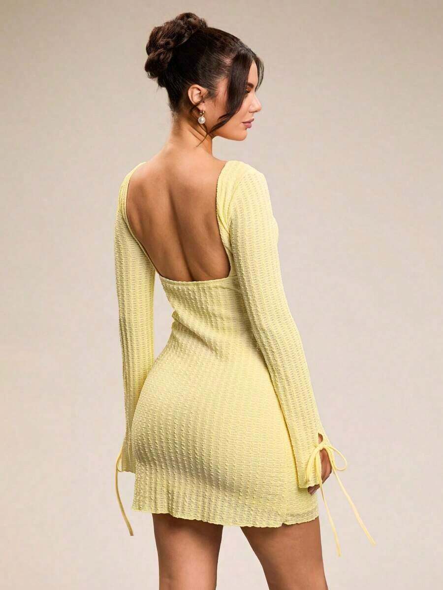 Vestido de textura amarillo claro para fiesta, escuela, vacaciones, cumpleaños, salida nocturna, verano, primavera, San Valentín, carnaval, vacaciones en la playa, Nashville, vestidos pastel, vestido sin espalda - Amarillo - Ver 1