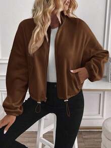 Women's Casual Long Sleeve Hoodie With Adjustable Drawstring And Zipper, Airport Clothing, Three-Quarter Sleeve Blouses For Autumn/Winter. - 棕色 - 查看 4