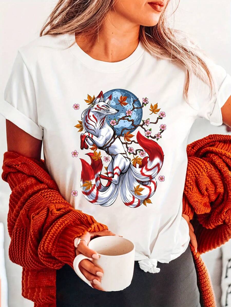 Zorro Kitsune Japonés de Nueve Colas con Flores de Cerezo - [Blanco] - Ver 1