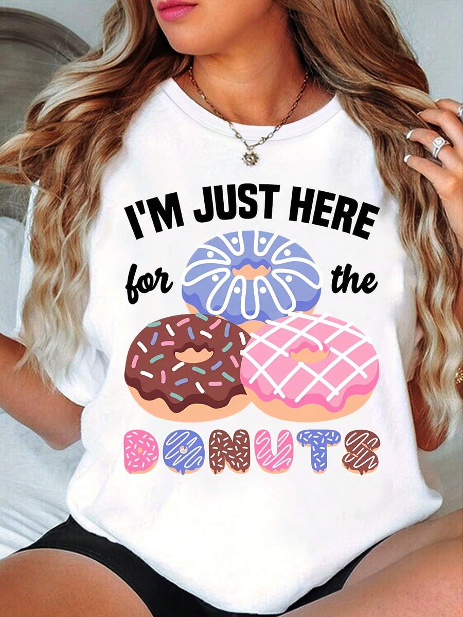 Camiseta casual holgada de verano con un divertido estampado de dona - [Blanco] - Ver 1