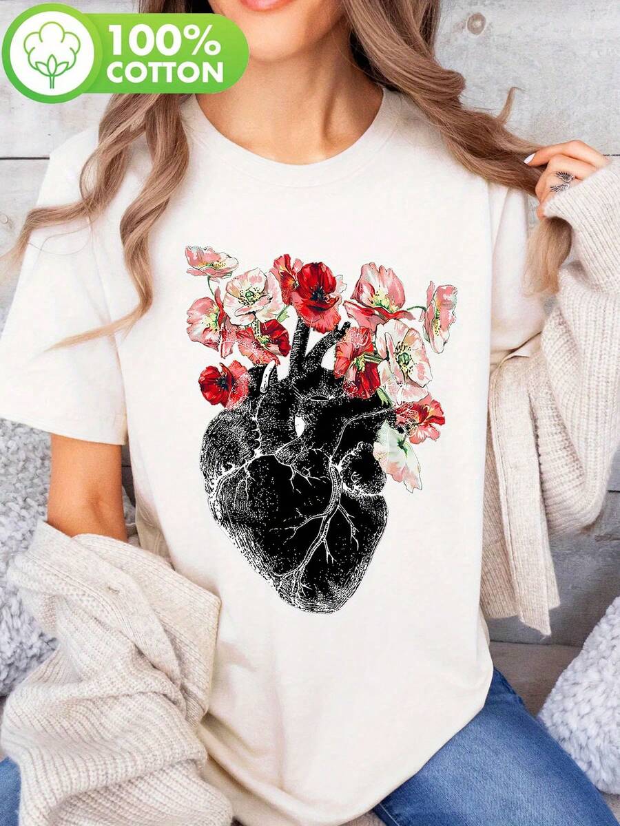 Camiseta con estampado de corazón anatómico y flores, manga corta y cuello redondo, top casual para verano y primavera, ropa de mujer - [Blanco] - Ver 1