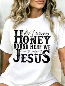1 Piece Women's Christian T-Shirt "Don't Worry, Darling, We Leave Judgment In Jesus' Hands," Religious Faith T-Shirt, Faith-Inspired Clothing For Women, Casual Summer Top, 180g 100% Cotton - 黑色 - 查看 7