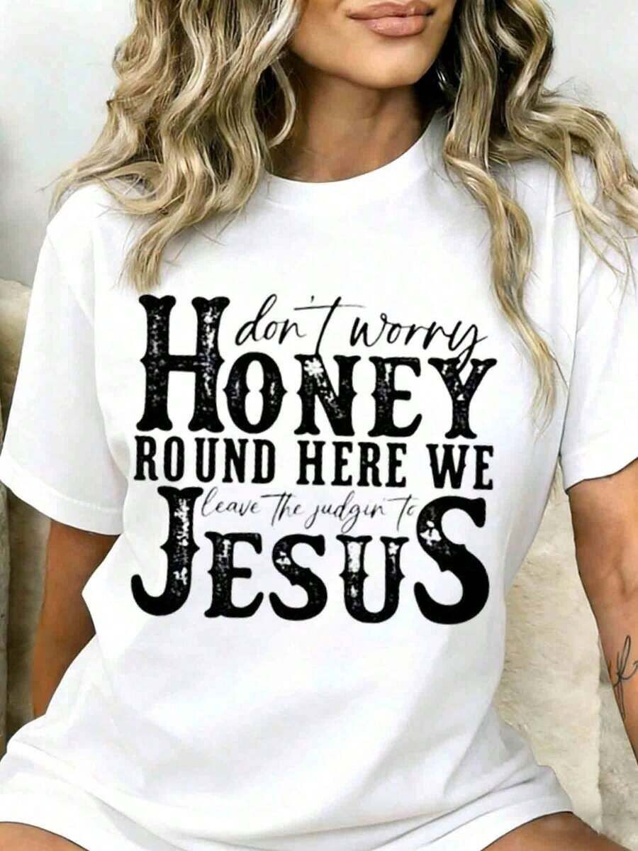 1 Piece Women's Christian T-Shirt "Don't Worry, Darling, We Leave Judgment In Jesus' Hands," Religious Faith T-Shirt, Faith-Inspired Clothing For Women, Casual Summer Top, 180g 100% Cotton - 白色 - 查看 1