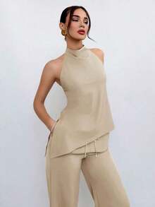 Conjunto de 2 piezas de top de cuello halter y pantalones en color café para mujer, estilo de uso diario - Albaricoque - Ver 1