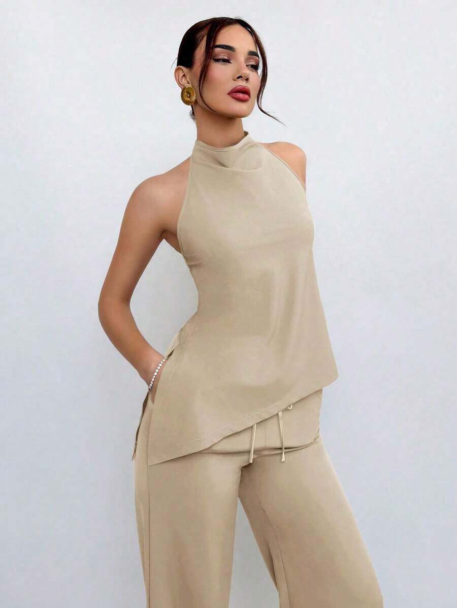 Conjunto de 2 piezas de top de cuello halter y pantalones en color café para mujer, estilo de uso diario - Albaricoque - Ver 1