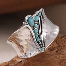 Fashionable Wide Band Synthetic Turquoise Ring, Suitable For Women, Vintage Minimalist Design, Bohemian Multi-Functional Ring - Silver - View 6