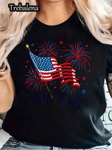 Camiseta de Cuello Redondo Trebalena 100% Patriótica con Bandera Americana y Fuegos Artificiales para el 4 de Julio, Camiseta Casual para Mujer, Estilo USA, Top de Verano de Manga Corta, Camiseta Casual de Moda para Verano y Primavera, Ropa para Mujer para el Día de la Madre/Día de los Caídos/Juneteenth - Negro - Ver 1