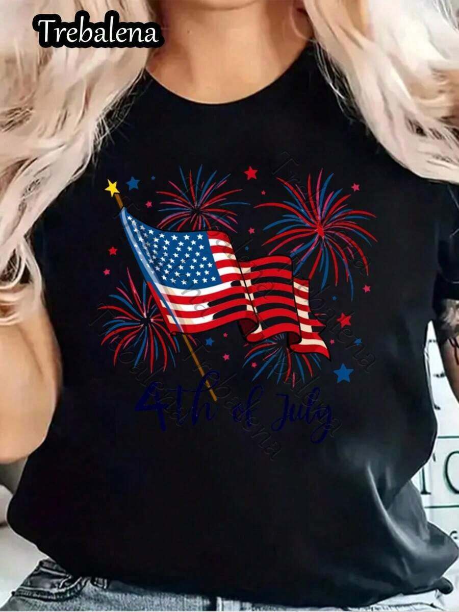 Camiseta de Cuello Redondo Trebalena 100% Patriótica con Bandera Americana y Fuegos Artificiales para el 4 de Julio, Camiseta Casual para Mujer, Estilo USA, Top de Verano de Manga Corta, Camiseta Casual de Moda para Verano y Primavera, Ropa para Mujer para el Día de la Madre/Día de los Caídos/Juneteenth - Negro - Ver 1