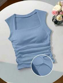 Camiseta ajustada con cuello cuadrado acolchado para mujer, primavera/verano - Celeste - Ver 8