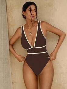 Swim Chiccia Traje de baño de una pieza sexy y elegante para mujer con escote en V profundo y espalda en U, en blanco y negro - Café integral - Ver 1