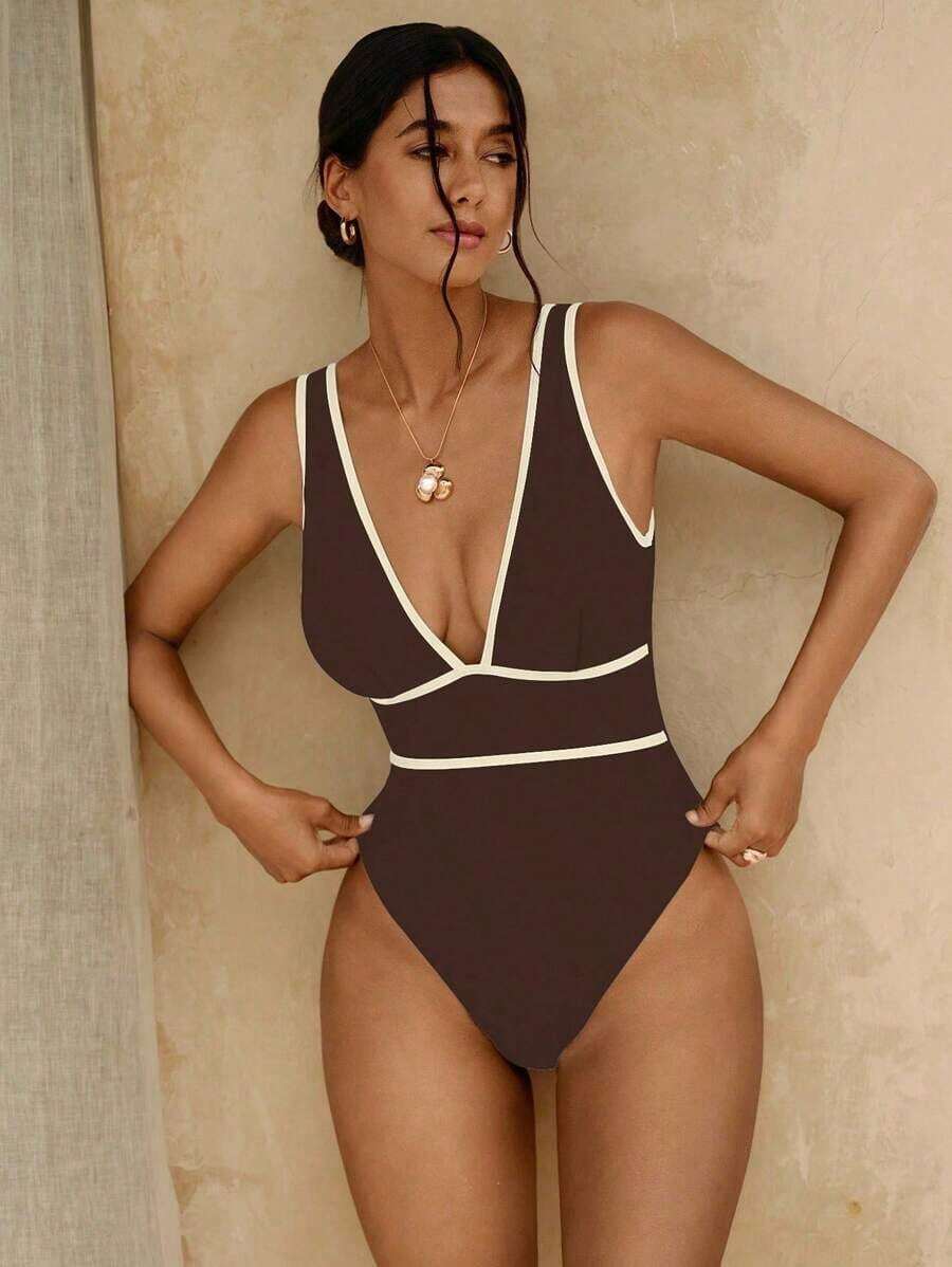 Swim Chiccia Traje de baño de una pieza sexy y elegante para mujer con escote en V profundo y espalda en U, en blanco y negro - Café integral - Ver 1