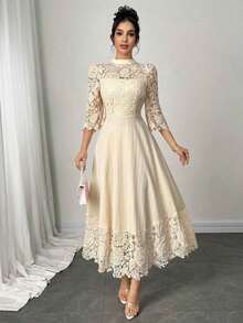 Vestido largo de manga larga con parches de bordado de ojal amarillo para mujeres - Albaricoque - Ver 4