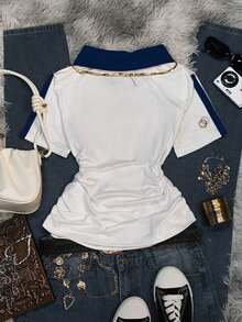 Blusa de cuello polo con estampado retro de los años 2000 para mujer, de estilo casual y a la moda, adecuada para uso diario, fiestas y festivales de música. - Multicolor - Ver 2