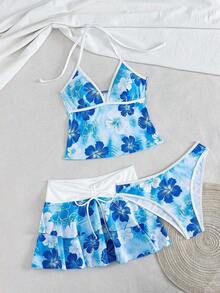 Women's 3-Piece Spring/Summer Outfit: Floral Print Skirt/Tunic, Color Block, Bow And Ruffles For Beach Music Festivals - 多色 4 - 查看 7