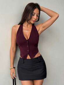 Top sin mangas de verano de color liso con escote en la espalda y cuello colgante para damas - Rojo violeta - Ver 4