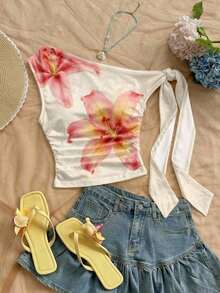 2 piezas Blusa casual de mujer con hombros fruncidos y nudo retorcido, versátil para citas y salidas - Multicolor 5 - Ver 6