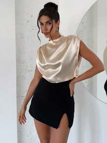 Blusa de mujer con cuello mao de unicolor y pliegues, informal y elegante, manga de murciélago fruncida, ajuste regular, top casual de uso diario para primavera/verano - Champán - Ver 3