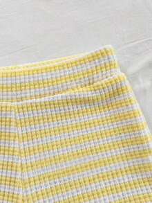 2 piezas Conjunto de top corto a rayas y shorts de cintura alta para mujer, adecuado para vacaciones, citas, té de la tarde, playa, crucero, viaje a la ciudad, festival de música, estilo bohemio de playa - Amarillo - Ver 5