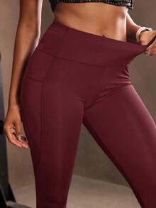 Mallas deportivas de cintura ancha con bolsillo para teléfono, pantalones de yoga para mujer - Burdeos - Ver 5