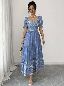 Vestido de línea A con cintura ceñida, cuello cuadrado y estampado, elegante para vacaciones, uso diario, de manga corta - Azul lavado medio - Ver 4