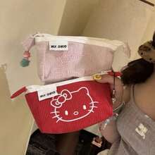 SANRIO 燈芯絨化妝包 大容量可愛卡通刺繡收納包 粉色甜美風 便攜式 唇膏筆收納盒 耐用拉鍊設計 拉鍊筆袋/筆筒 文具收納袋 可收納唇膏、眉筆等小物品 - 彩色 - 查看 4