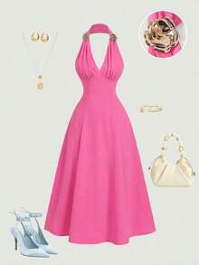 Vestido midi elegante sin mangas con decoración floral 3D de metal y plisados para mujer - Rosa Fucsia - Ver 3