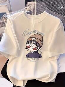 Camiseta Casual de Manga Corta para Mujer 2025 - Estampado de Dibujos Animados, Cuello Redondo , Lavable a Máquina, Ajuste Holgado para Verano - Blanco - Ver 5