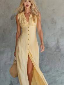 Light Yellow Linen And Cotton Blouse With Retro Lapels And Front Closure, Long Skirt - 黃色 - 查看 1