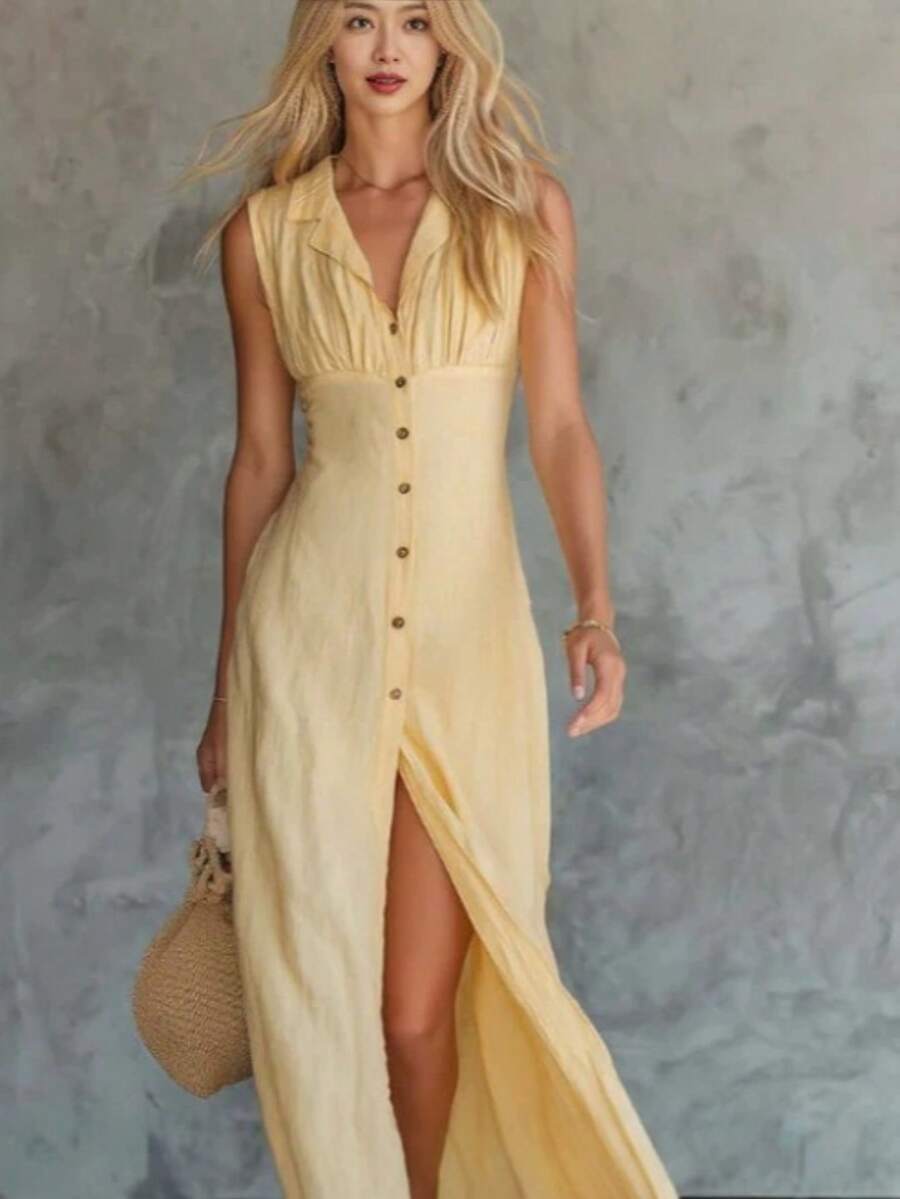 Light Yellow Linen And Cotton Blouse With Retro Lapels And Front Closure, Long Skirt - 黃色 - 查看 1