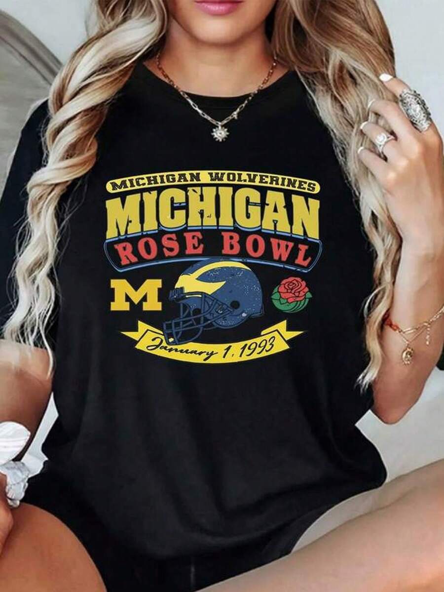 Estampado con casco azul y rosa roja que simboliza pasión y fuerza del juego universitario clásico Rose Bowl 1993 camiseta para mujer casual 100% algodón suave y cómoda
