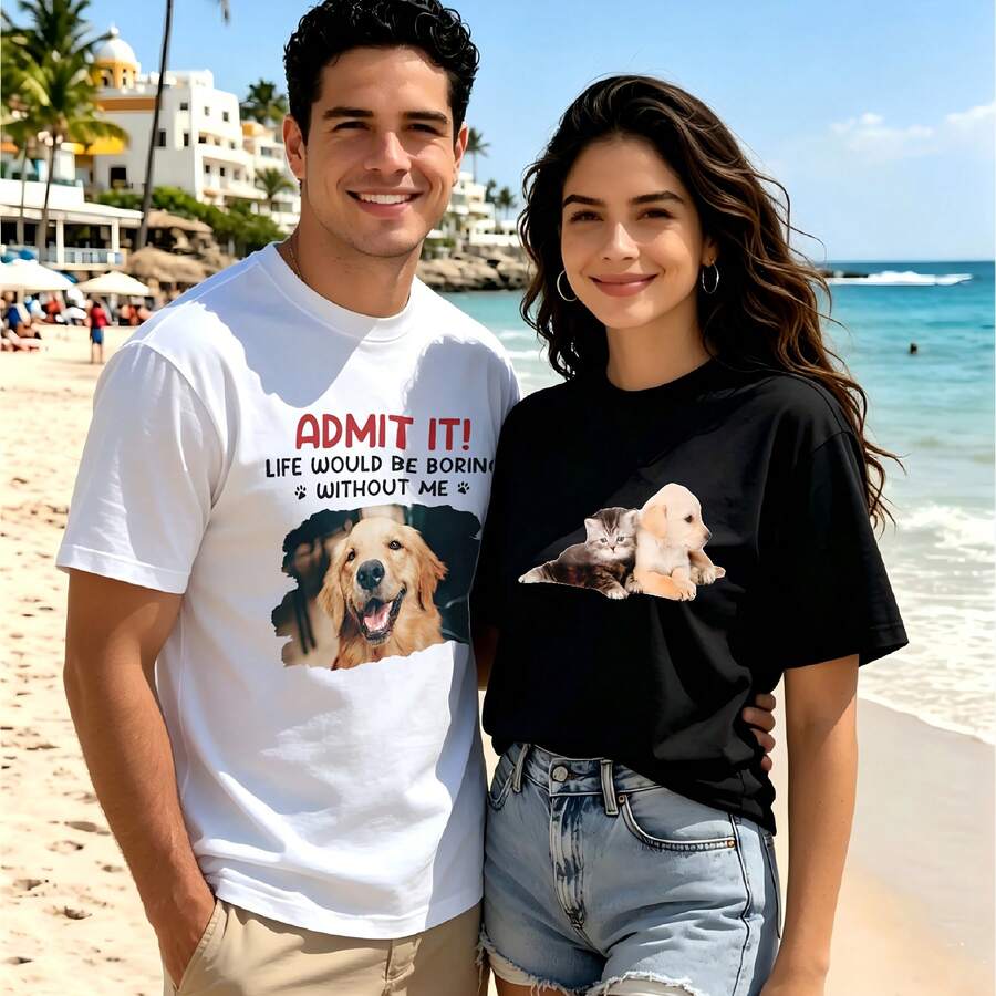 2-Piece Couple Matching Pattern T-Shirt, 100% Cotton, Loose Fit, Soft And Breathable, Casual Round Neck Short Sleeved Top Union Glory Eagle Design Pink Dress With Text Print Versatile Patterns No Picky Combinations Coordinated Dating Casual Travel Simple And Cartoonish Printing Styles High - 白色 - 查看 1