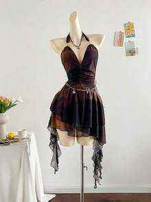 Vestido azul impreso de malla de punto con escote de halter romántico de vacaciones para mujeres - Marrón 2 - Ver 1