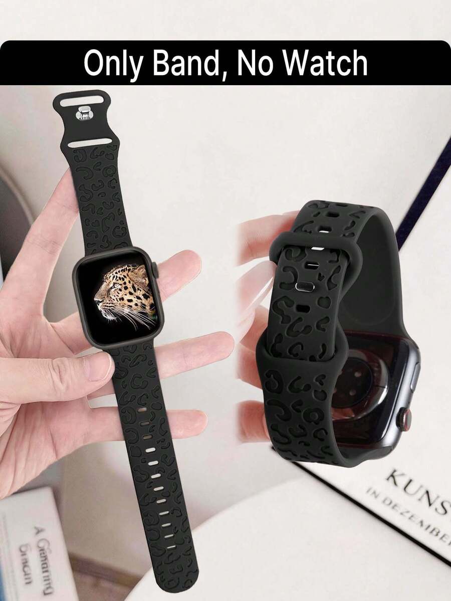 Leopard Floral Carved Watch Band, Compatible With Apple Watch, Black Silicone Strap As Holiday Gift, Available In 49mm, 45mm, 44mm, 42mm, 41mm, 40mm, 38mm, 46mm Sizes; Cheetah Print Waterproof Sports Silicone Wristband, Replacement Band Compatible With Series 11, 10, 9, 8, 7, 6, 5, 4, 3, 2, 1, SE, Suitable For Apple Watch, Black Color Summer Beach Accessory. Father's Day, Teacher's Day, Vacation Season, Graduation Gift