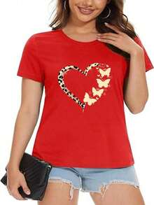 Camiseta informal de mujer con estampado de corazones y mariposas - Rojo - Ver 6